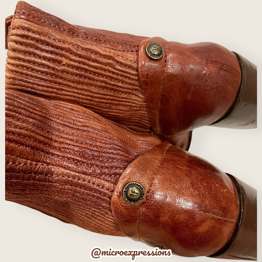 Frye Lucinda Scrunch Real Cognac Brown Leather Stretchy Heeled Short Ankle Boot - Picture 13 of 15